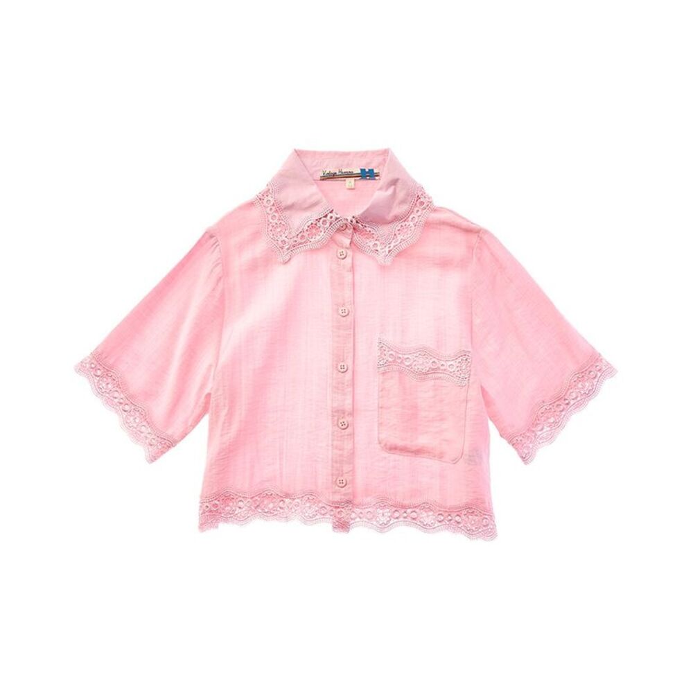 Vintage Havana Girls  Lace Trim Button Up Shirt, Pink
